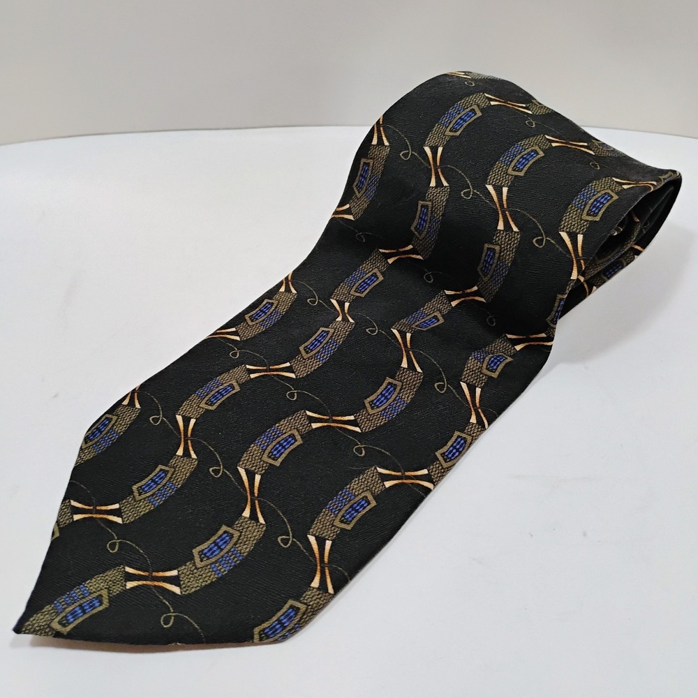 Irvine Park Men's Neck Tie Black Blue Geometric 100% Silk Handmade Korea